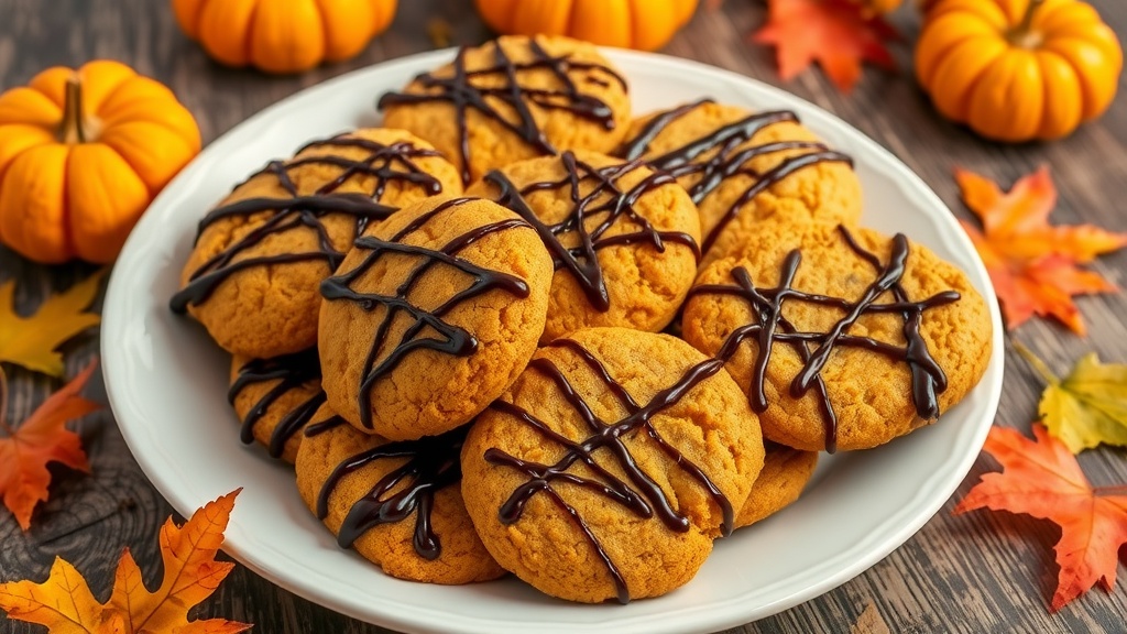 Pumpkin Cookies with Dark Chocolate Drizzle Recipe A plate of pumpkin cookies with dark chocolate drizzle, set on a wooden table with autumn decorations.